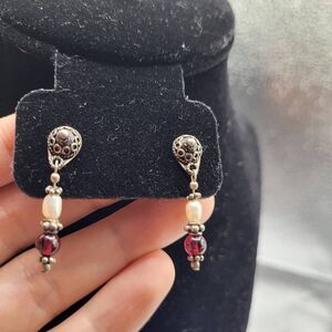 Artisan Sterling Silver Garnet and Freshwater Pearl Earrings